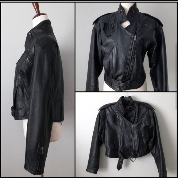 LAROXX Vintage Black Leather Cropped Moto Jacket - Picture 5 of 16